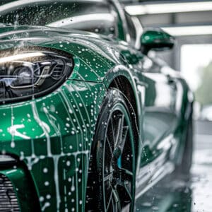Voiture de luxe verte éclatante recouverte de mousse de lavage, gros plan sur le phare avant et la roue.