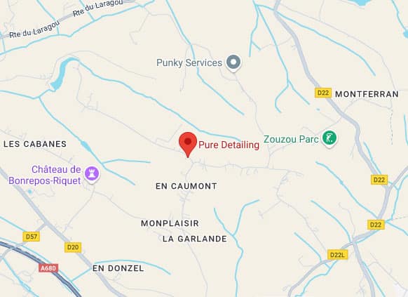 Carte de localisation de Pure Detailing près de Caumont, Montferran, et Château de Bonrepos-Riquet, avec routes D22, D57, A680 visibles.